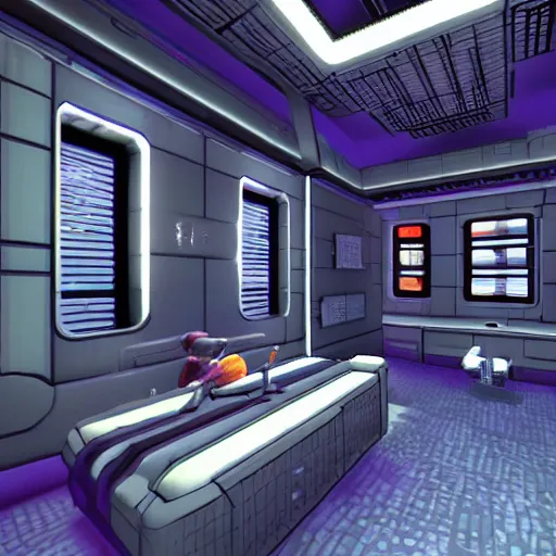 Image similar to system shock 2 inspired bachelor pad with city view