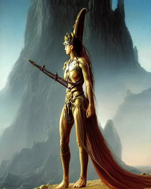 Image similar to beautiful female warrior, long flowing hair, standing in a fantasy environment, realistic oil painting by Thomas Cole and Wayne Barlowe