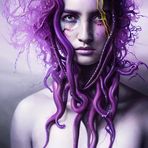 Image similar to detailed art portrait of a furious teen girl with thin, hair-like purple tentacles on her head and bright purple eyes, 8k,by tristan eaton, Stanley Artgermm,Tom Bagshaw,Greg Rutkowski,Carne Griffiths,trending on DeviantArt, face enhance,hyper detailed ,full of colour,