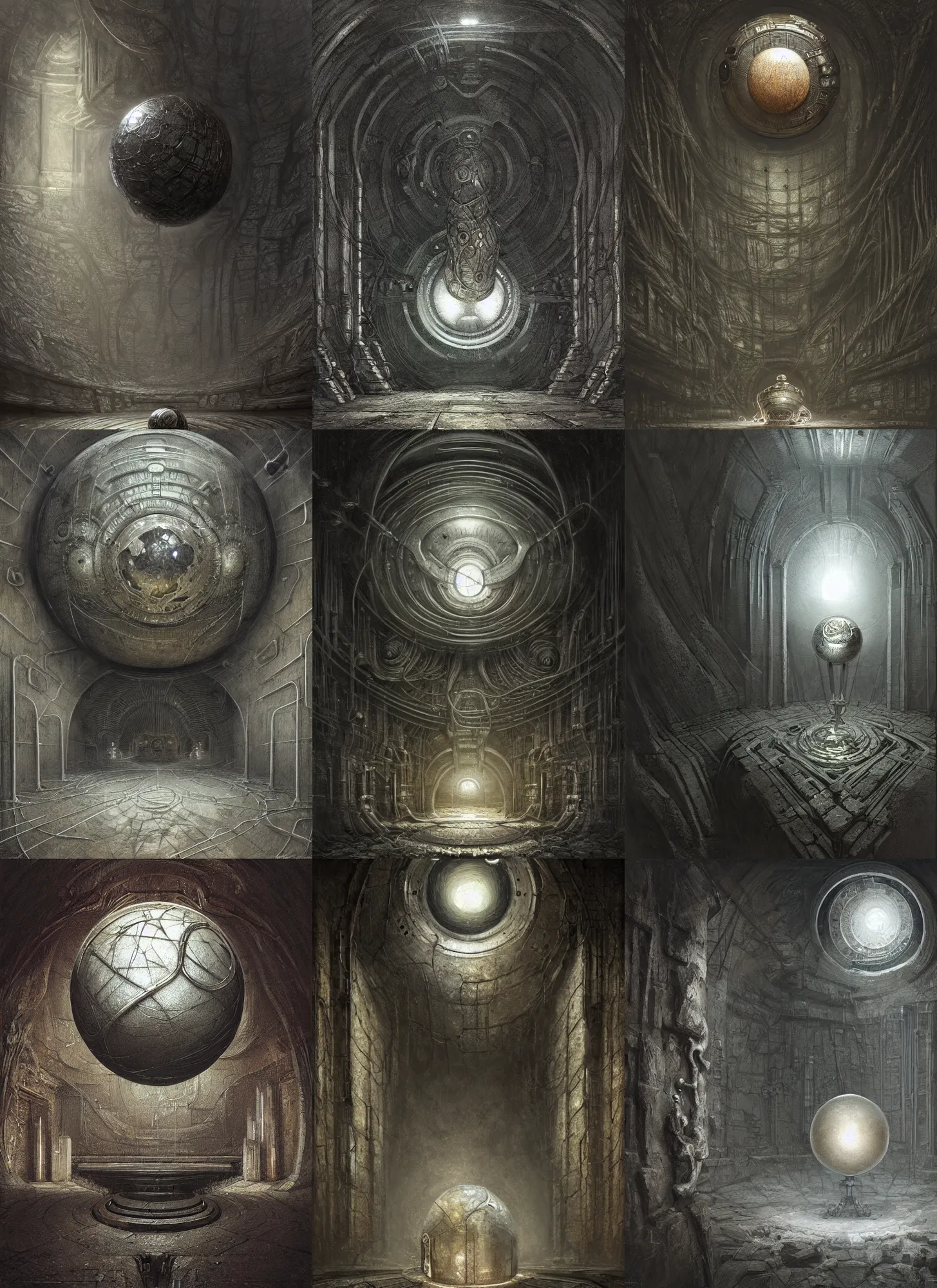 Prompt: steel silver sphere in the back of a dark stone room, intricate, elegant, sharp focus, highly detailed, concept art, digital painting, aleksi briclot, giger, rutkowski, beksinski