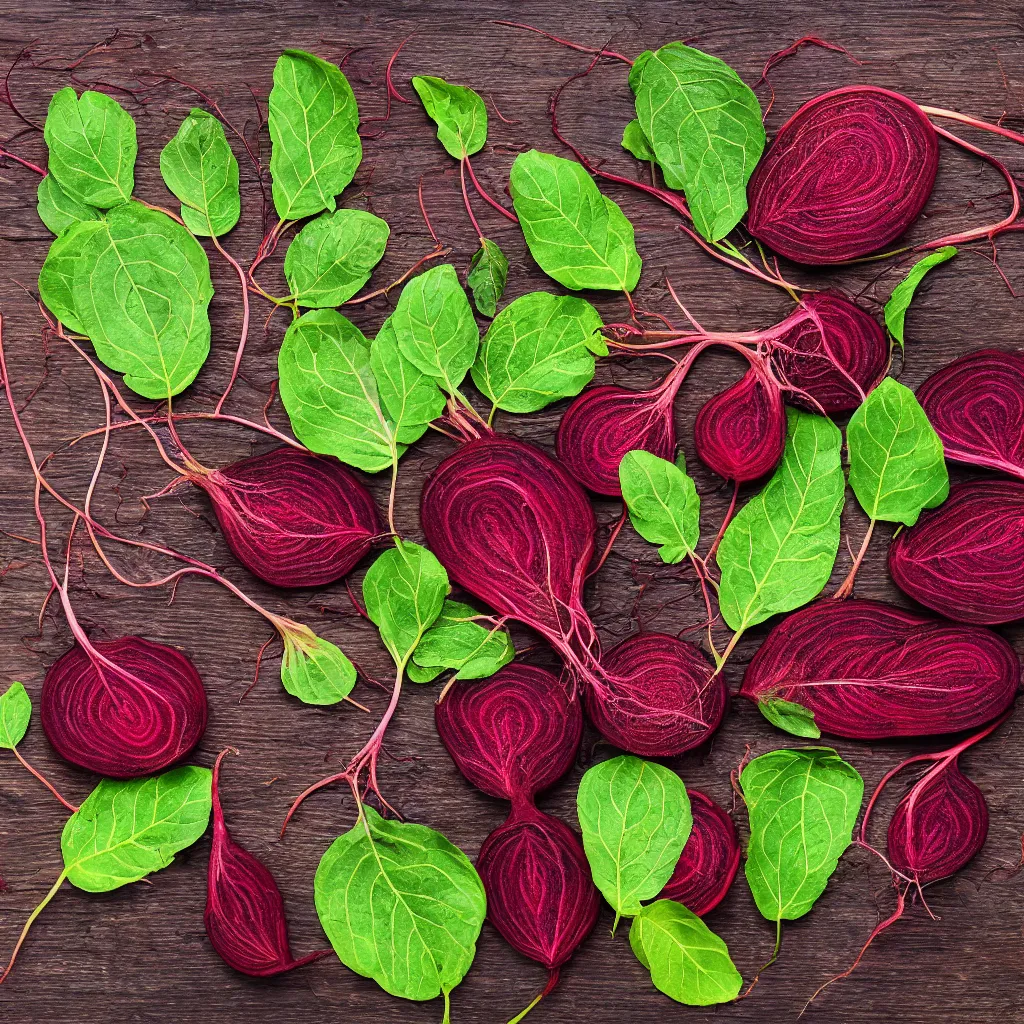 Prompt: embroidered beetroot with embroidered leaves and fractal roots, over vivid wood table, food photography. post - production : super detailed : masterpiece