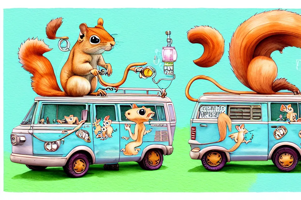 Image similar to cute and funny, squirrel riding in a mystery machine van, ratfink style by ed roth, centered award winning watercolor pen illustration, isometric illustration by chihiro iwasaki, edited by range murata, tiny details by artgerm and watercolor girl, symmetrically isometrically centered, sharply focused