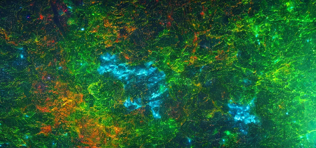 Image similar to photo of the amazon forest made of plastic bags of different colors, in a real space photography, super detailed image, trending on artstation, moody, cinematic, 8 k, volumetric lighting