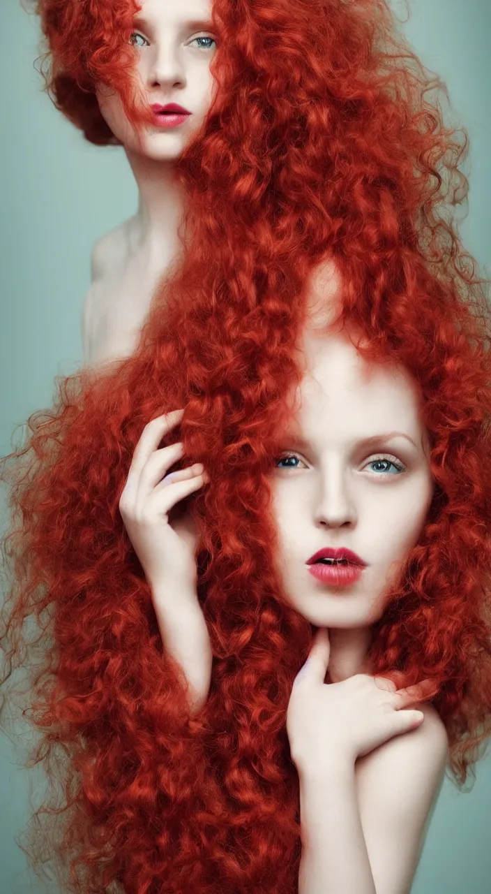 Image similar to a photo portrait of a beautiful girl with red long curly hair by Flora Borsi, soft indoor lighting, pastel colors scheme, fine art photography