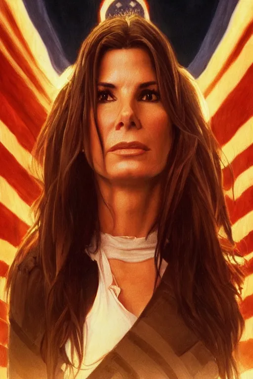 Image similar to sandra bullock in the movie independence day 1 9 9 6, realistic portrait, symmetrical, highly detailed, digital painting, artstation, concept art, smooth, sharp focus, illustration, cinematic lighting, art by artgerm and greg rutkowski and alphonse mucha