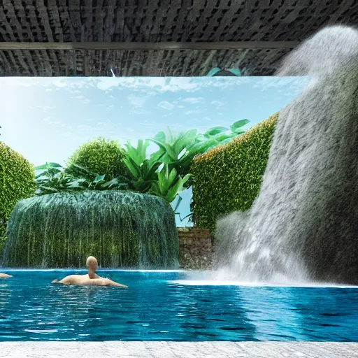 Image similar to a large swimming pool with a waterfall in the middle of it, a digital rendering by ricardo bofill, featured on tumblr, aestheticism, vray, sanctuary, rendered in unreal engine