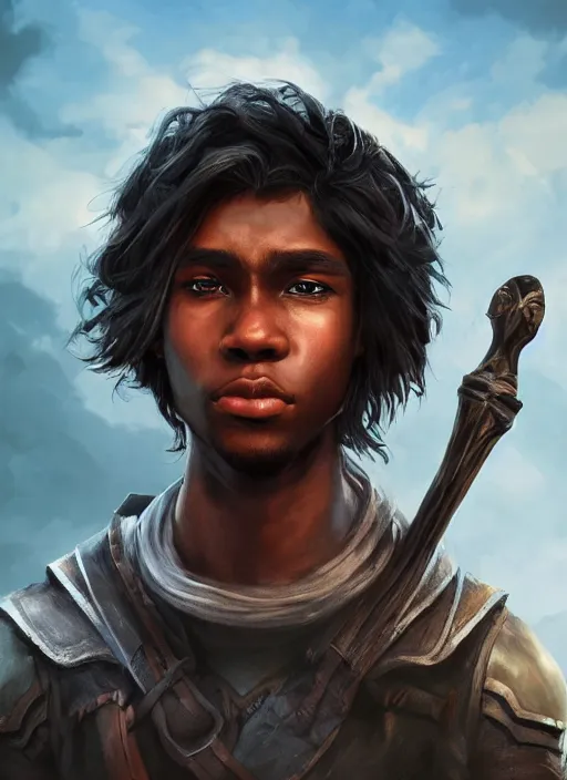 Image similar to An epic fantasy comic book style portrait painting of a young dark skinned long haired boy peasant with intelligent eyes, unreal 5, DAZ, hyperrealistic, octane render, cosplay, RPG portrait, dynamic lighting