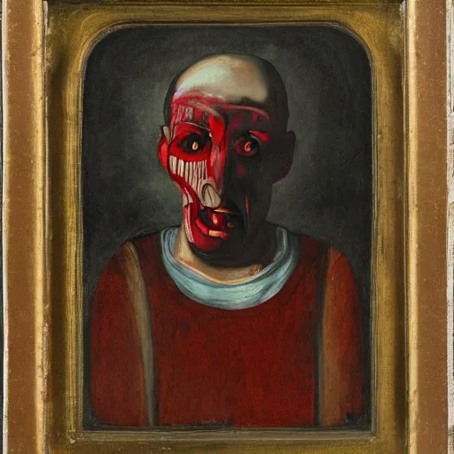 Prompt: portrait of alexander abdulov, with a red eyes, satanic body, head of old man, hands with blood of sinners