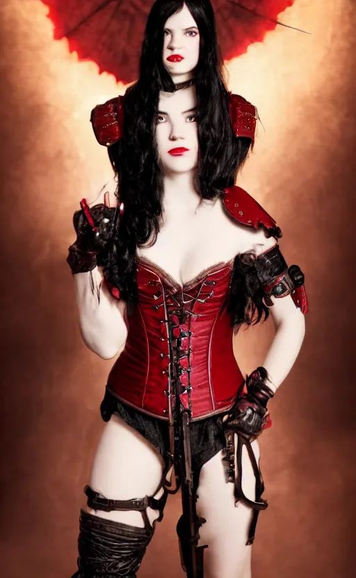 Prompt: epic fantasy portrait of a female halfling, black hair, red leather corset, cinematic, beautiful lighting, heroic