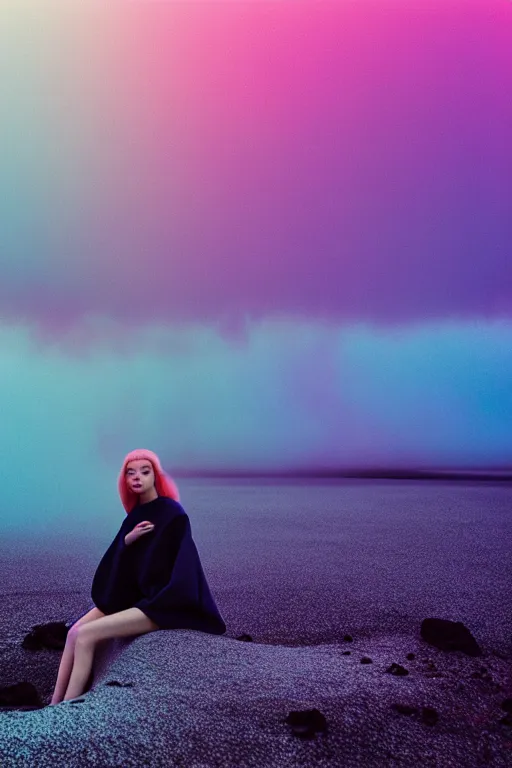 Image similar to high quality pastel coloured film photograph of a model wearing clothing resting on cloud furniture in a icelandic black rock environment in a partially haze filled dreamstate world. three point light, rainbow. photographic production. art directed. pastel colours. volumetric clouds. pastel gradient overlay. waves glitch artefacts. extreme facial clarity. 8 k. filmic.