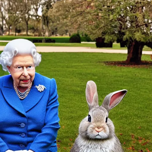 Prompt: a rabbit posing with Queen Elizabeth II in a park