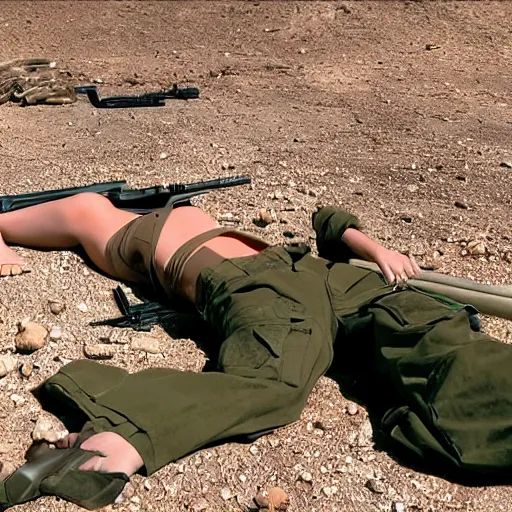 Image similar to cinematic shot of Britney Spears wearing green military clothes lying prone on the ground aiming a rifle in the desert, 8k, highly detailed, highly intricate, depth of field,