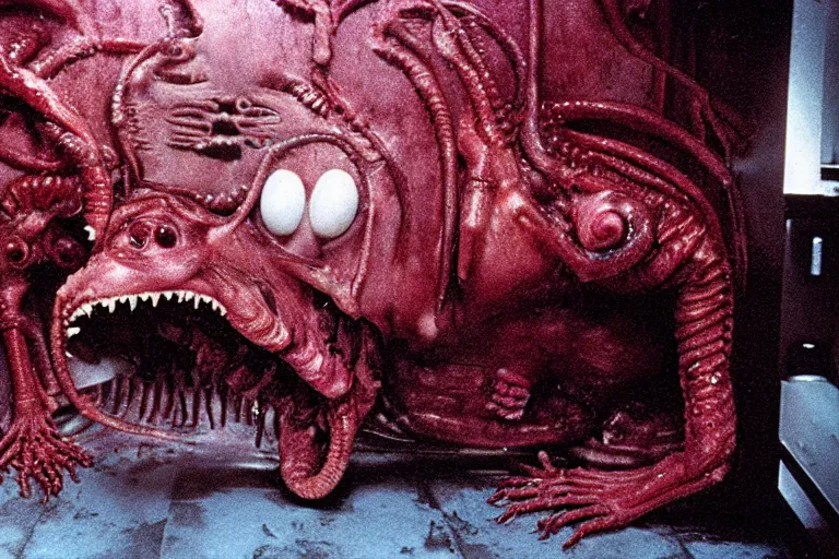 Prompt: peppa the pig infected by xenomorph from movie alien 1 9 7 9, staying at nostromo spaceship. extreme long shot, cinestill, giger, hermann nitsch, dark colors