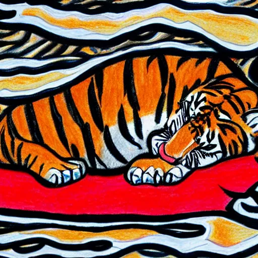 Image similar to drawing of a tiger cubs sleeping in a pond of black oil, red ballpoint pen, outsider art style