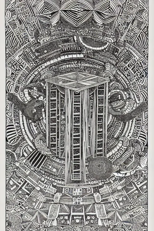 Image similar to a black and white drawing of an ancient temple mandala, a detailed mixed media collage by hiroki tsukuda and eduardo paolozzi and moebius, intricate linework, sketchbook psychedelic doodle comic drawing, geometric, street art, polycount, deconstructivism, matte drawing, academic art, constructivism