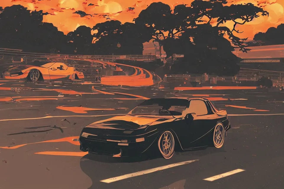 Prompt: aesthetic detailed illustration of ryosuke takahashi with black hair, standing by his white glossy mazda rx 7 on an empty highway at sunrise, cinematic lighting, initial d anime 1 0 8 0 p, detailed anime face, high detail, 9 0 s anime aesthetic, volumetric lights, rule of thirds, unreal engine 5 render, pinterest wallpaper, trending on artstation