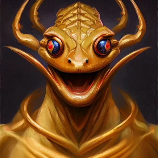 Prompt: fanatic sect acolyt of a golden frog god, d & d, fantasy, portrait, digital painting, trending on artstation, concept art, sharp focus, illustration, art by artgerm and greg rutkowski and magali villeneuve