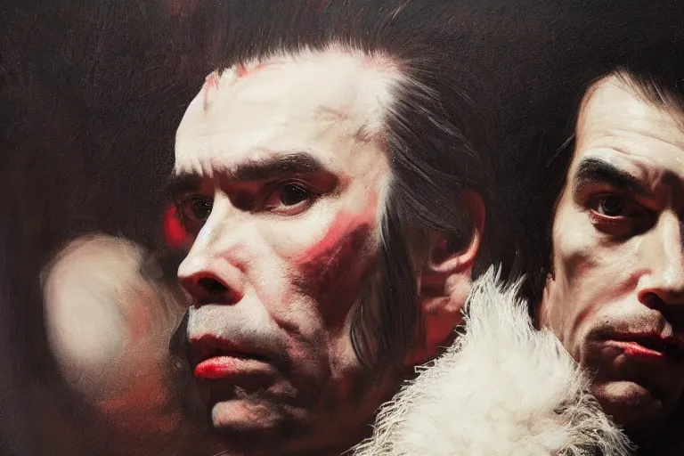 Prompt: a portrait of nick cave, masterpiece, dramatic lighting, painting by caravaggio and ruan jia and jakub rebelka and basil gogos