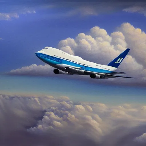 Prompt: boeing 7 4 7 in the clouds, oil painting, realistic, very detailed, 4 k