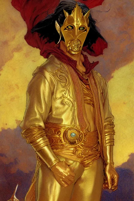 Prompt: tales of earthsea, attractive male with golden mask, character design, painting by gaston bussiere, craig mullins, j. c. leyendecker, tom of finland