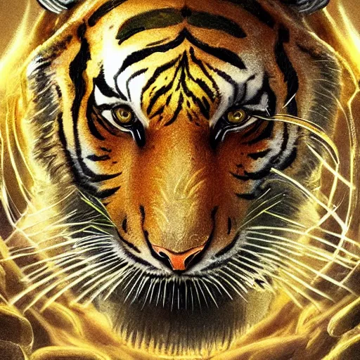 Prompt: a very high detailed tiger crossed with a muscular human body, wearing a very detailed golden kings crown, tattoo on shoulder, in a highly detailed jungle, full body, majestic, symmetric, Golden crown, crown on head, digital art, concept art, greg rutkowski, Nikolai Karelin, Hou China, trending artstation
