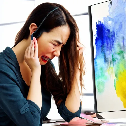 Image similar to IT customer support worker cries after influx of calls, canvas, oil, watercolor, hyper detailed, elegant, very very very very beautiful.