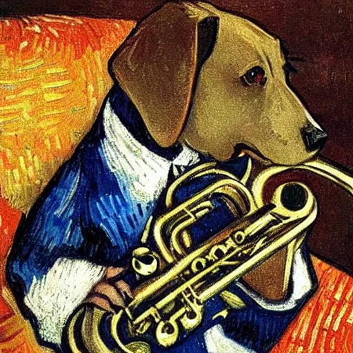 Prompt: dog playing the saxophone, sitting on the couch, medieval portrait, by van gogh, close up