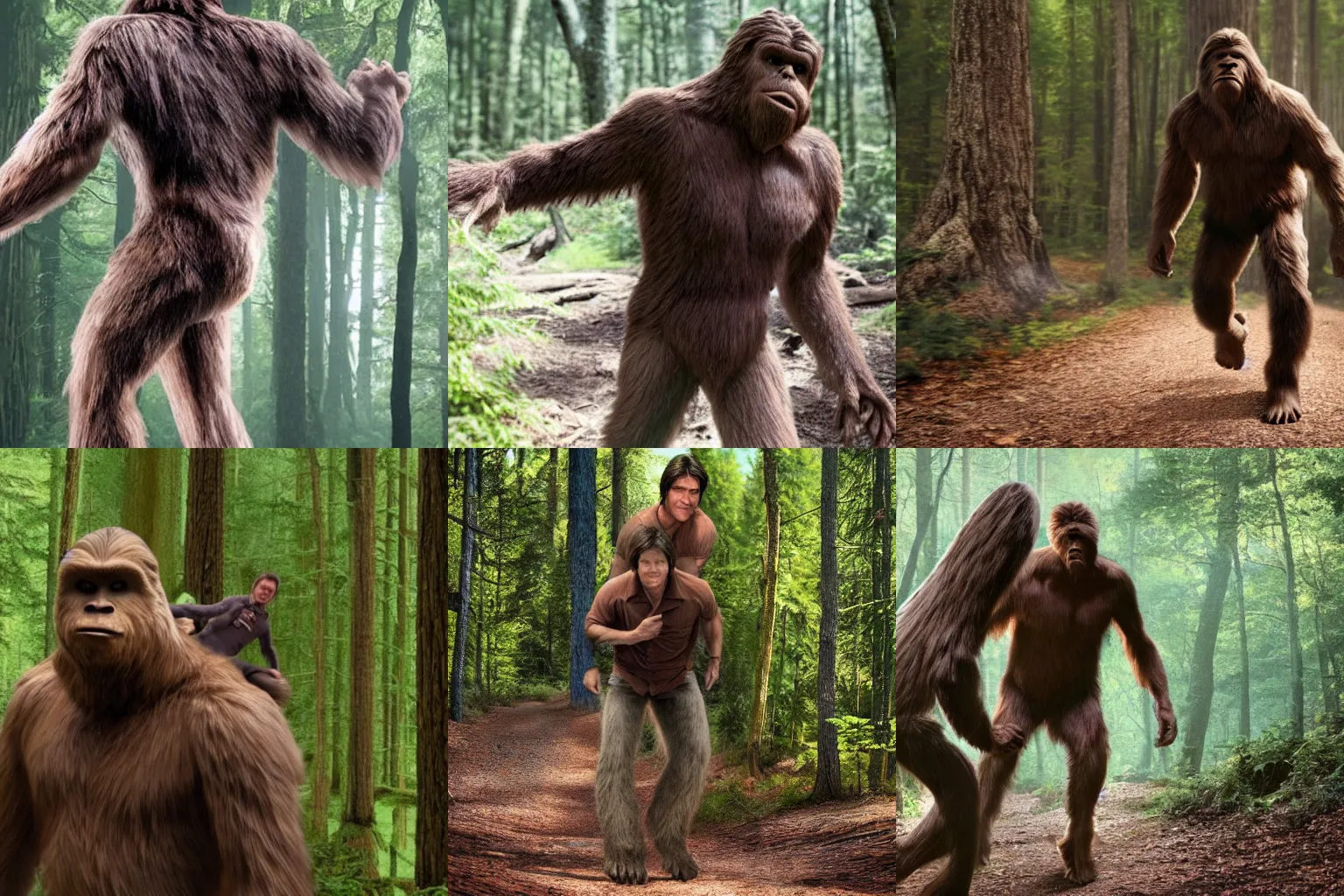 Prompt: Bigfoot carrying Tom Cruise on its back, through the woods, photorealistic, 8K