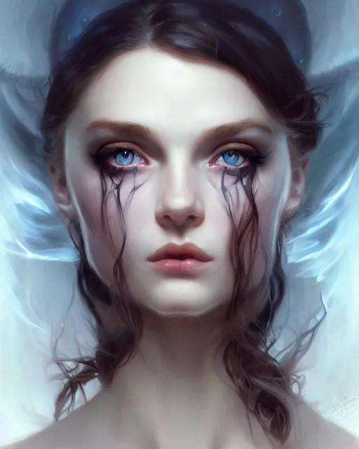 Prompt: portrait of demon girl, dreamy and ethereal, expressive pose, big blue eyes, exciting expression, fantasy, intricate, elegant, dark and moody smoke, highly detailed, digital painting, artstation, concept art, smooth, sharp focus, illustration, art by artgerm and greg rutkowski and ( alphonse mucha )