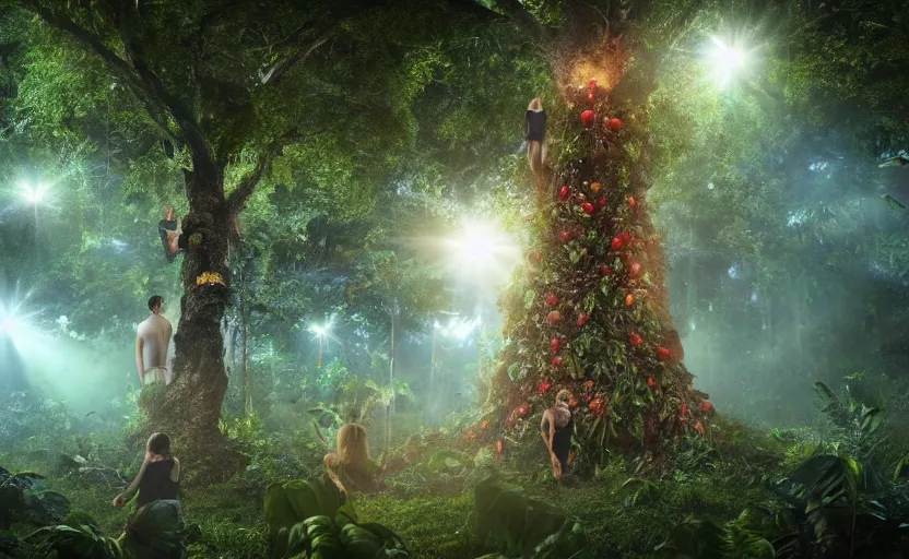 Image similar to a beautiful render of a tree with human heads as fruits in rainforest, big flashlight lighting, intricate detail, hazy, humid, volumetric lighting, god rays, 8 k, photorealistic, raytracing effects, unreal engine 5, terrorific, suspense