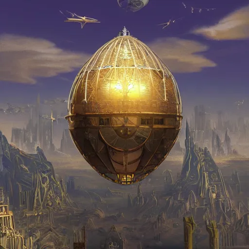 Image similar to enormous flying city in a faberge egg, sky, steampunk, fantasy art, masterpiece, unreal engine, hugh ferriss