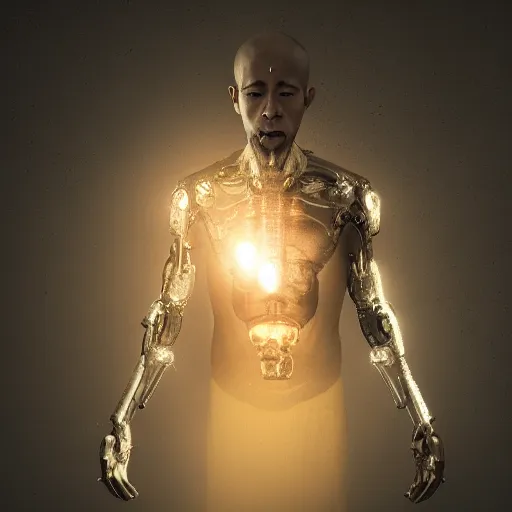 Image similar to Half cyborg half monk discovering enlightenment, dark atmosphere, 8k, cinematic lighting, symmetry, elegant, ornate, hyper realistic, zen
