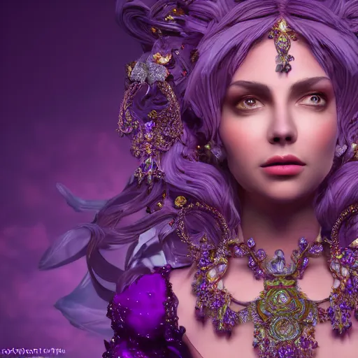 Image similar to portrait princess of amethyst, glowing, ornate and intricate purple jewelry, jaw dropping beauty, glowing background lighting, purple accent lighting, hyper detailed, fairy tale, 4 k octane render