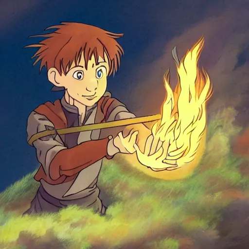 Prompt: A young wizard casting a fire spell in the style of howl's moving castle
