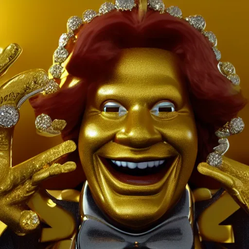 Image similar to A still of Ronald McDonald surrounded by gold and diamonds, Award-winning, photograph, 3d render, unreal engine, 4k detailed