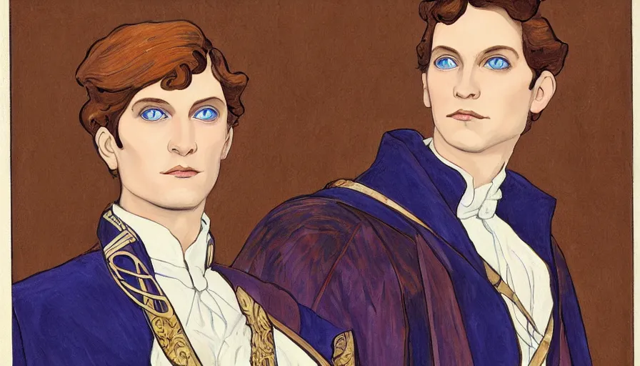 Image similar to art nouveau portrait of prince paul atreides with shining blue eyes