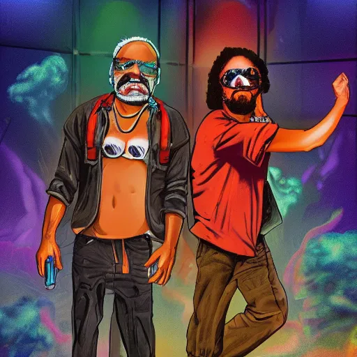 Image similar to cyberpunk cheech and chong, up in smoke,