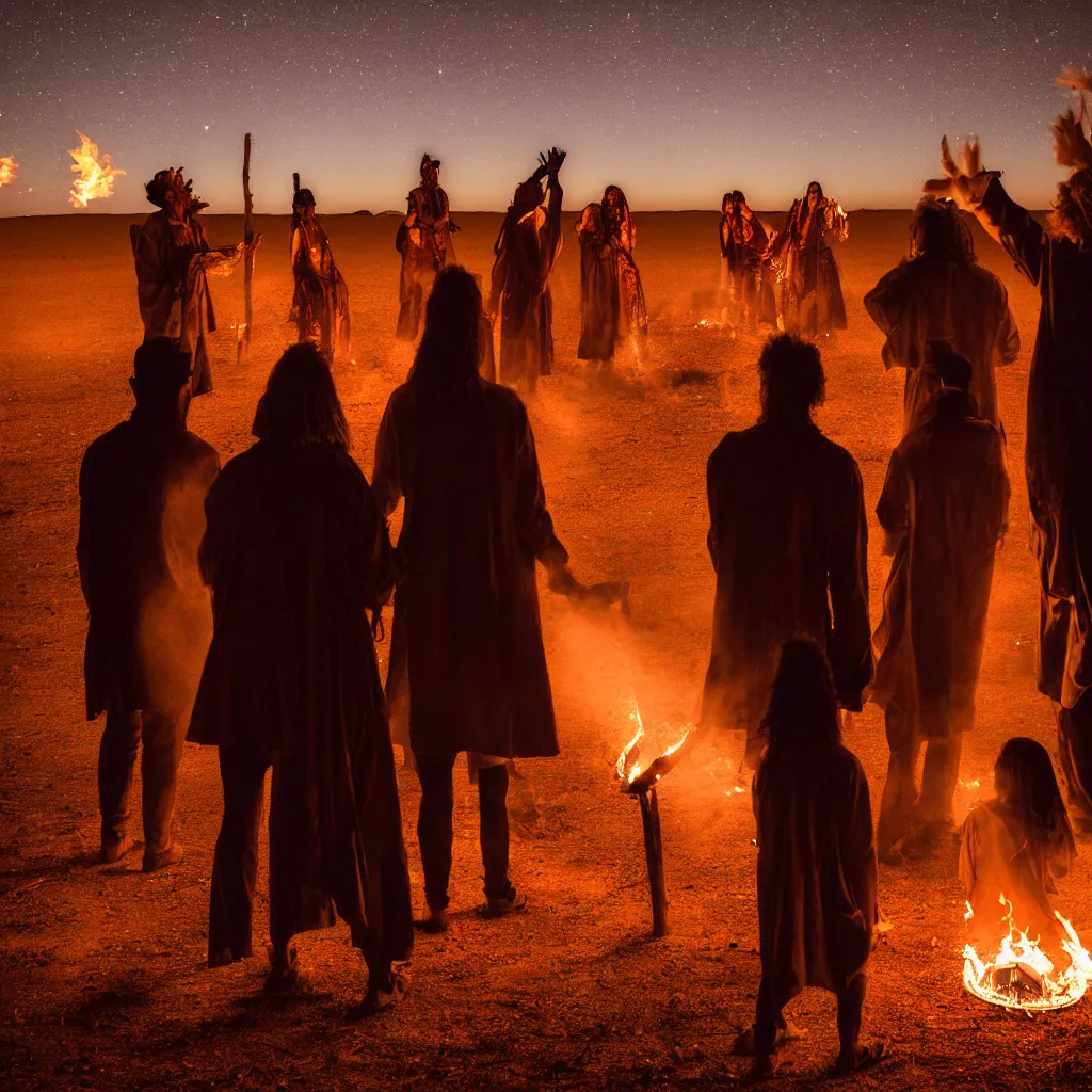 Image similar to atmospheric photograph of three ravers, two men, one woman, woman is in a trenchcoat, blessing the soil at night, seen from behind, fire circle, two aboriginal elders, dancefloor kismet, diverse costumes, clean composition, desert transition area, bonfire, atmospheric night, australian desert, symmetry, sony a 7 r