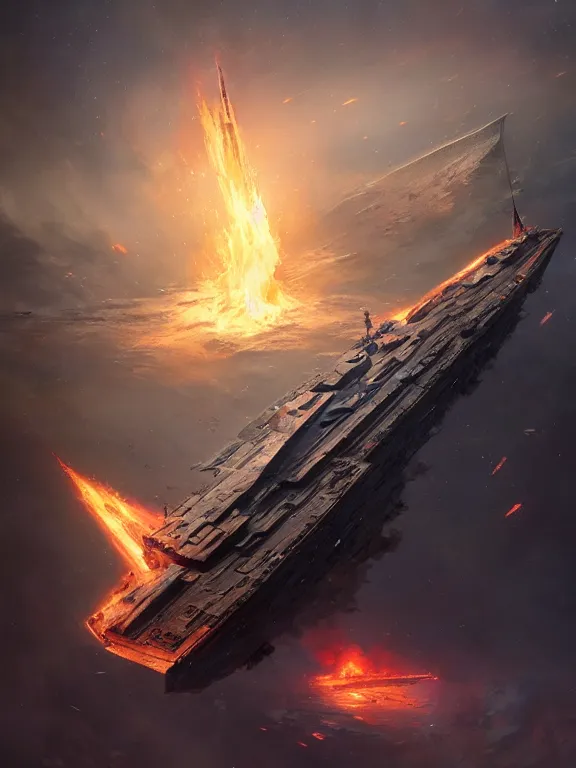 Image similar to photo of 8k ultra realistic star destroyer on fire, full of colour, cinematic lighting, battered, trending on artstation, 4k, hyperrealistic, focused, extreme details,unreal engine 5, cinematic, masterpiece, art by Peter Mohrbacher