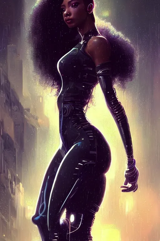 Image similar to very beautiful cyberpunk Normani as aeon flux profile picture by Greg Rutkowski, dynamic pose, intricate, futuristic, fantasy, elegant, by Stanley Artgerm Lau, greg rutkowski, thomas kindkade, alphonse mucha, loish, norman Rockwell, metal chrome, shiny, rainy background, asymmetric, long afro hair,