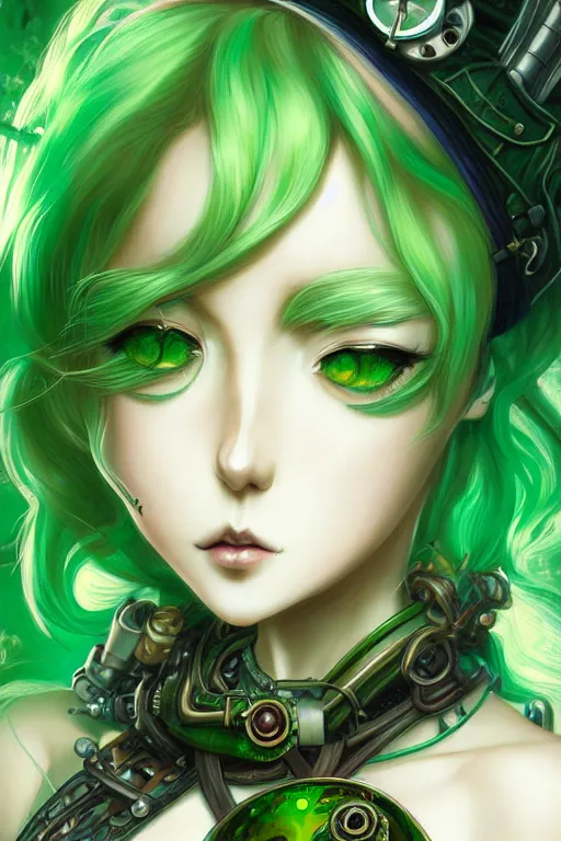 Image similar to beautiful green hair anime woman, modern, steampunk, fantasy, eerie, intricate details, pixiv, digital painting, artstation, concept art, 8 k, art by artgerm and alohonse mucha and eiichiro oda