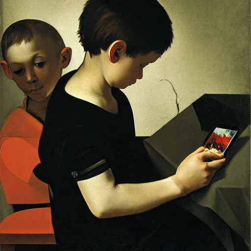 Prompt: kid playing games on his iphone, painting by caravaggio