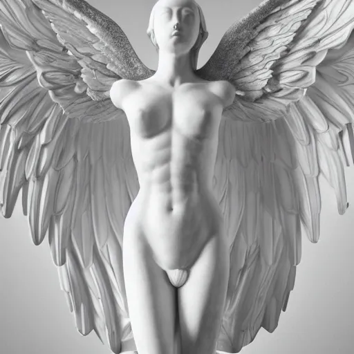 Prompt: a statue made of white marble with gold veins, of an beautiful gorgeous angel girl with huge wings, full body shot, perfect symmetrical body, perfect symmetrical face, no eyes, hyper realistic, hyper detailed, fujicolor superia 1 6 0 0 photo, by peter kemp, by monia merlo, by michelangelo octane render, blender, 8 k