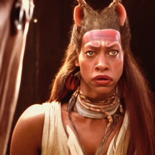 Image similar to film still of jar jar binks as a female cowgirl, long eyeslashes, big juicy lips, big seductive eyes