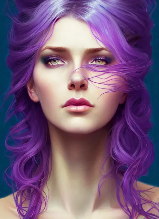 Image similar to Portrait of a woman with bright colored flying hair, all shades of purple. Hair coloring, amber eyes, face, long hair, fantasy, intricate, elegant, highly detailed, digital painting, artstation, concept art, smooth, sharp focus, illustration, art by artgerm and greg rutkowski and alphonse mucha