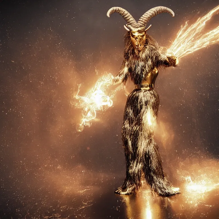 Image similar to octane render portrait by national geographic and wayne barlow and carlo crivelli and glenn fabry, a demon with the furry head of a goat with shining golden horns wearing a tight iridescent silver latex pants and shirt, inside an explosion of glitter, cinema 4 d, ray traced lighting, very short depth of field, bokeh