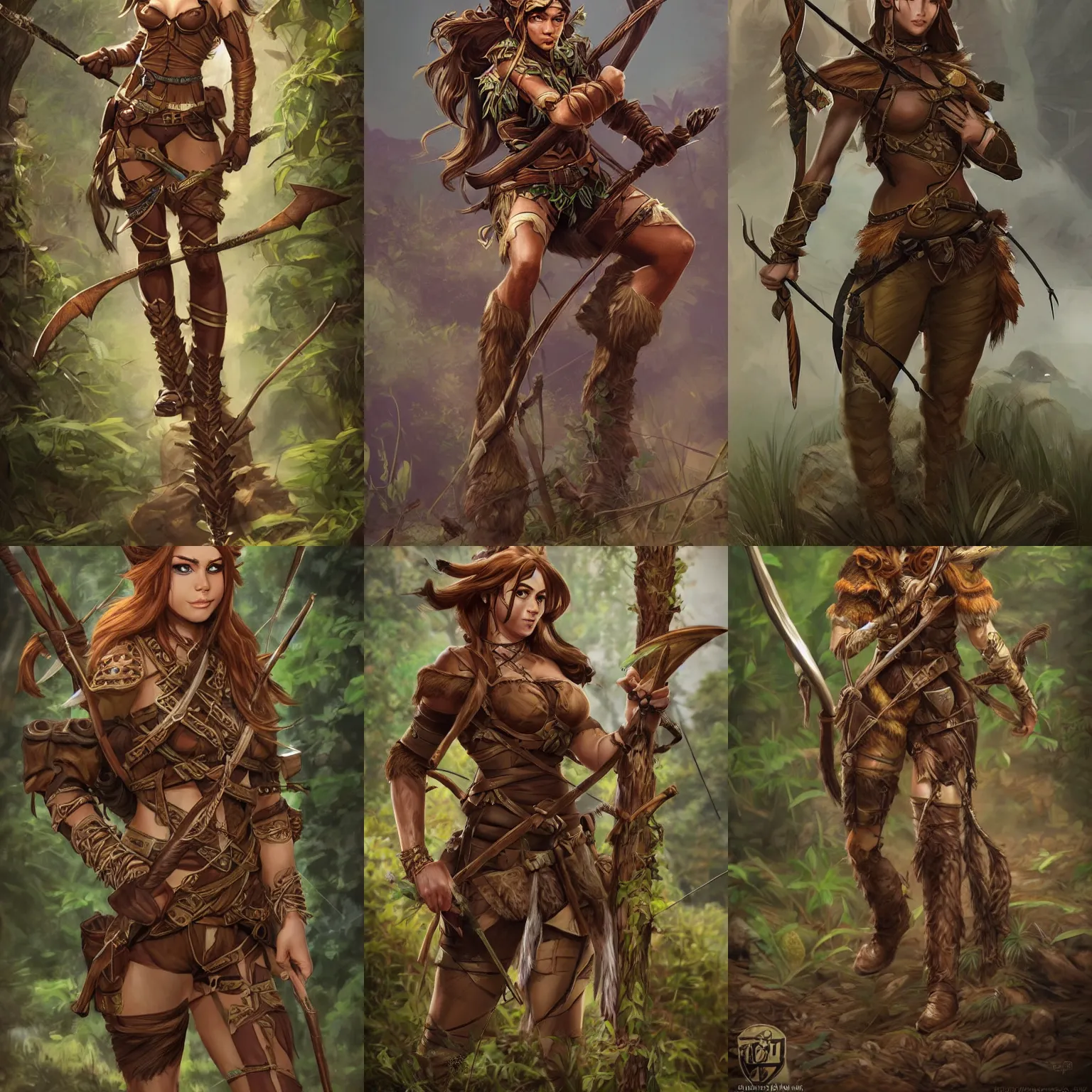 Prompt: Gorgeous Jungle Ranger, brown armor, thick bow, ornamental arrows, high fantasy, elf, brown hair, artstation