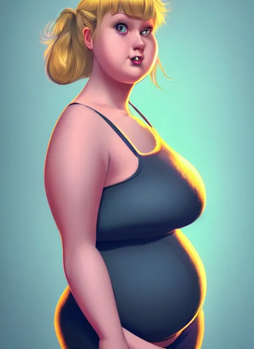 Image similar to full body portrait, teenage betty cooper, blonde hair, obese, bangs, ponytail, sultry, realistic, sultry smirk, fluffy bangs, curly bangs, fat, belly, beautiful girl, intricate, elegant, highly detailed, digital painting, artstation, concept art, smooth, sharp focus, illustration, art by wlop, mars ravelo and greg rutkowski