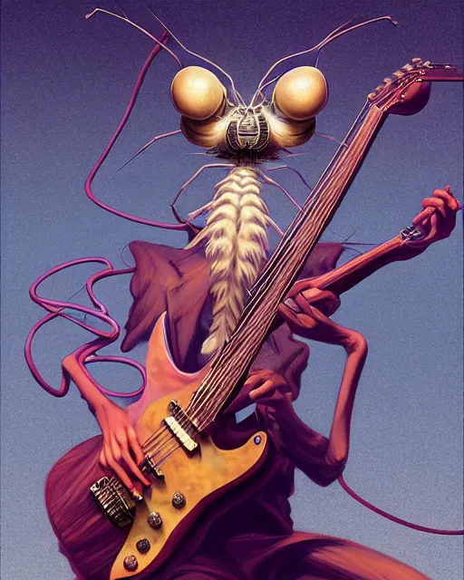 Prompt: anthropomorphic art of an elegant spider playing the electric guitar, by artgerm, victo ngai, ryohei hase, artstation, highly detailed digital painting, smooth, global illumination, fantasy art by greg rutkowsky, karl spitzweg, leyendecker