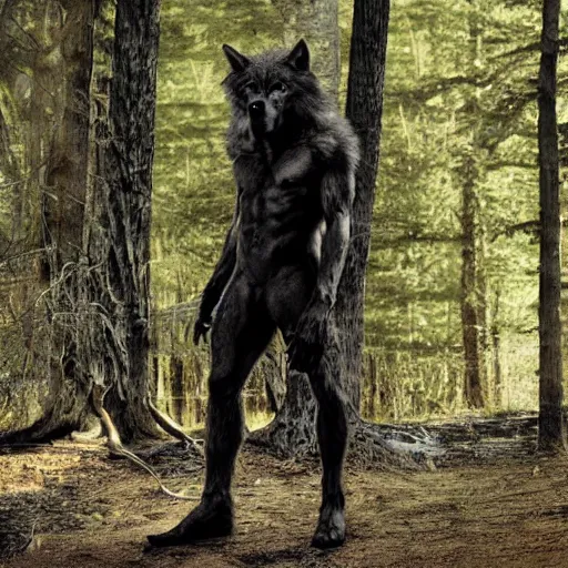 Image similar to human! wolf werecreature, photograph captured at woodland creek